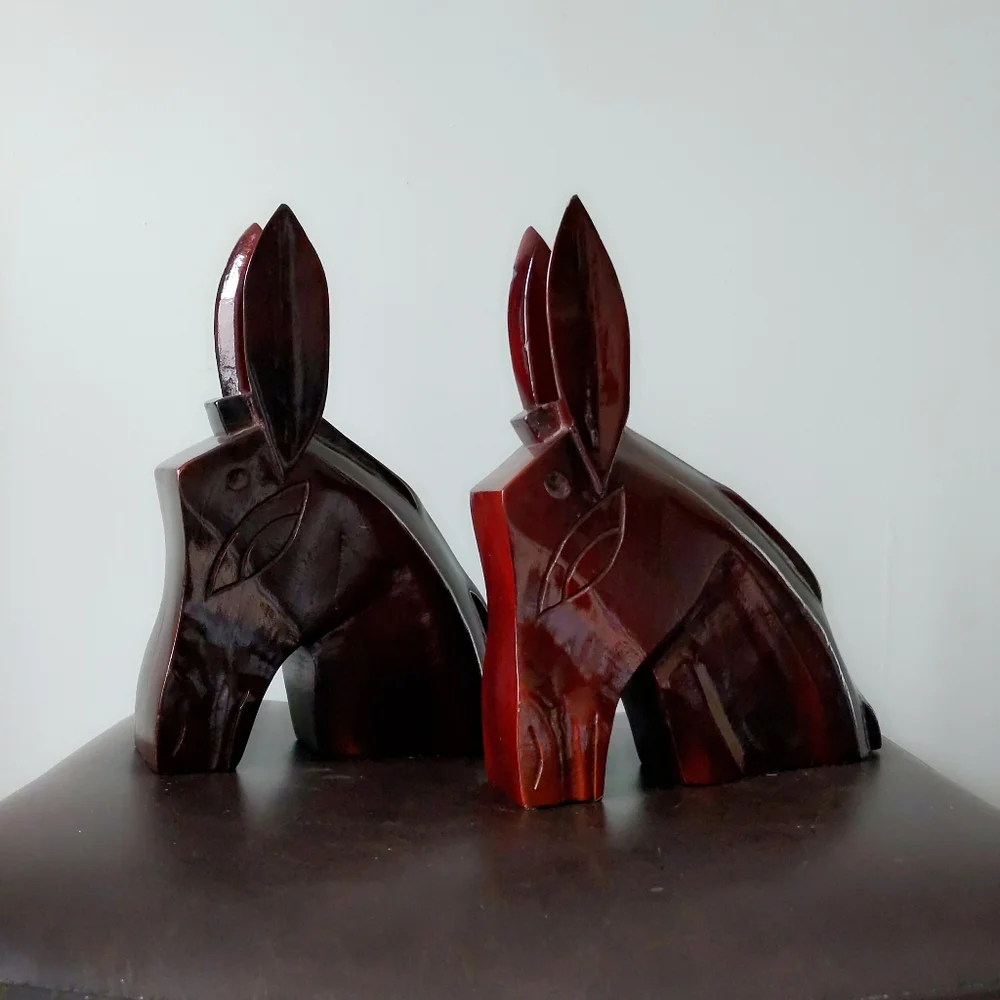 Rare! Vintage Mid-Century Carved San Juan PR Mahogany Wood Donkey Bookends